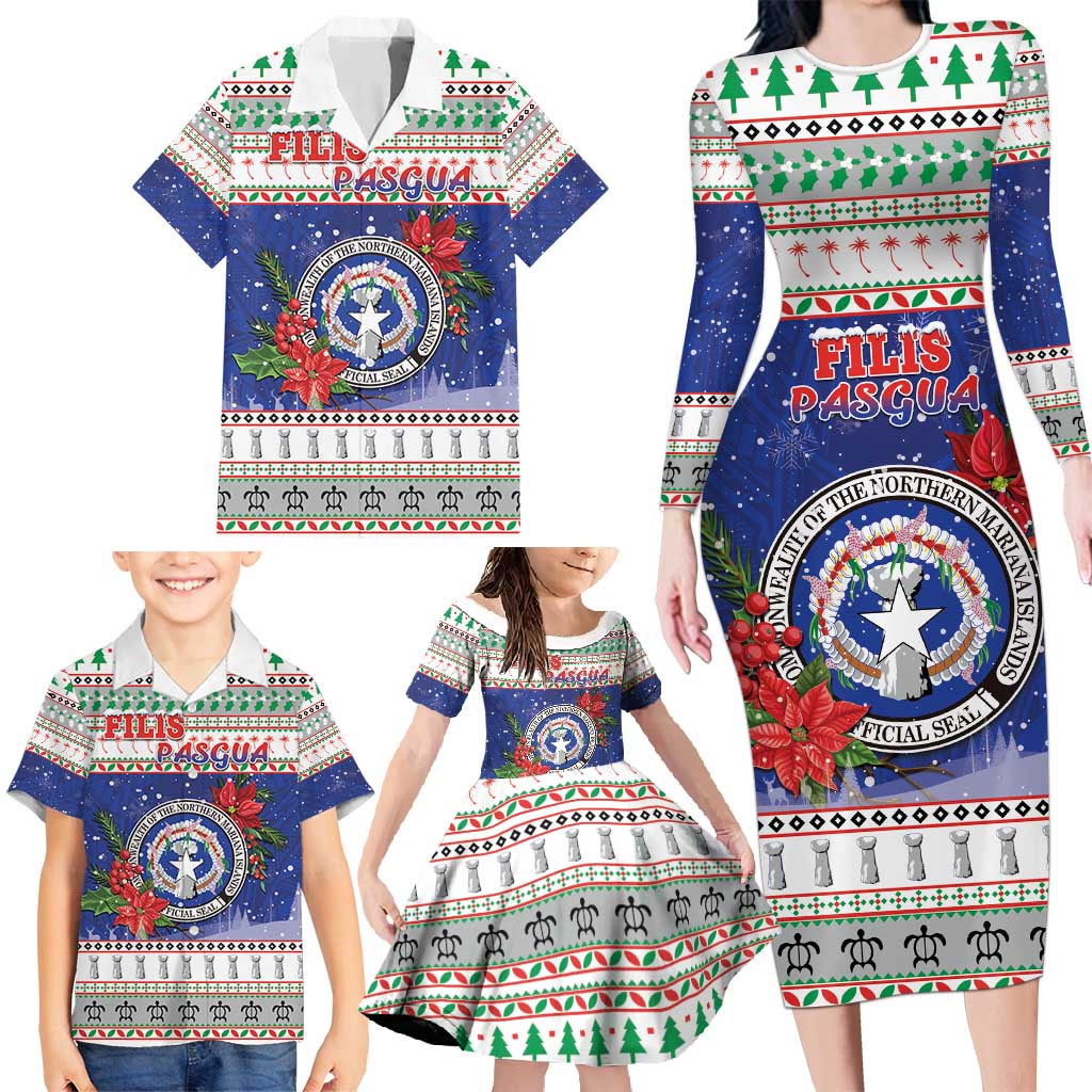 Northern Mariana Islands Christmas Family Matching Long Sleeve Bodycon Dress and Hawaiian Shirt Poinsettia Filis Pasgua LT05 - Polynesian Pride
