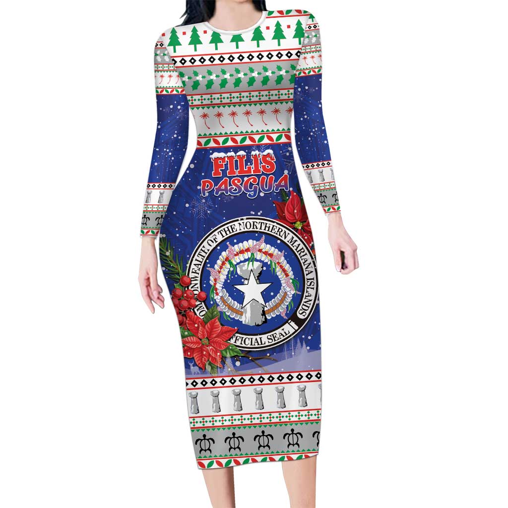 Northern Mariana Islands Christmas Family Matching Long Sleeve Bodycon Dress and Hawaiian Shirt Poinsettia Filis Pasgua LT05 Mom's Dress Blue - Polynesian Pride