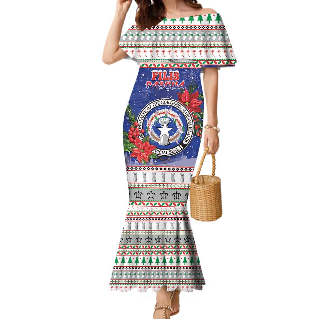 Northern Mariana Islands Christmas Family Matching Mermaid Dress and Hawaiian Shirt Poinsettia Filis Pasgua LT05 Mom's Dress Blue - Polynesian Pride