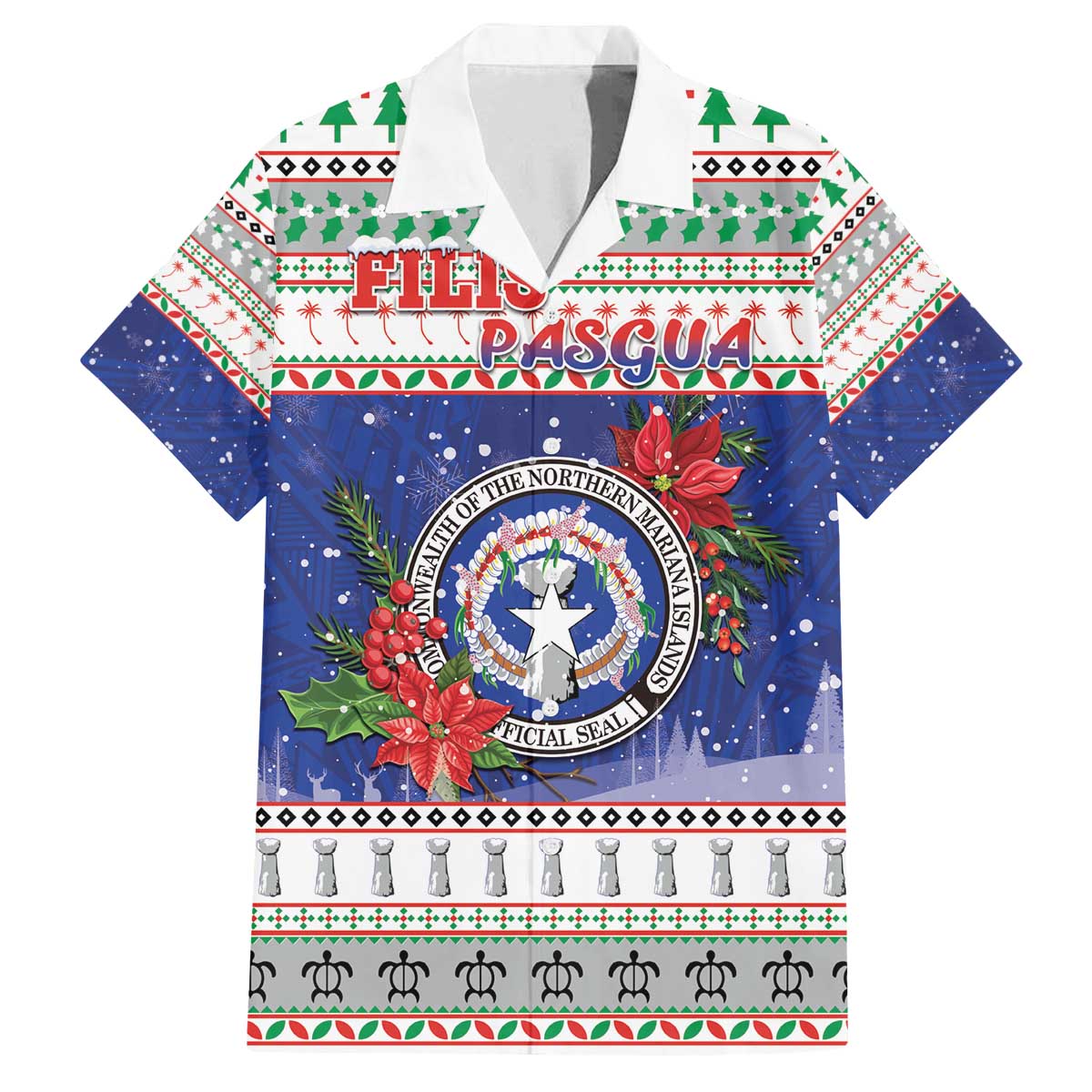 Northern Mariana Islands Christmas Family Matching Off The Shoulder Long Sleeve Dress and Hawaiian Shirt Poinsettia Filis Pasgua LT05 Dad's Shirt - Short Sleeve Blue - Polynesian Pride