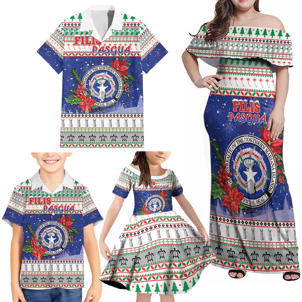 Northern Mariana Islands Christmas Family Matching Off Shoulder Maxi Dress and Hawaiian Shirt Poinsettia Filis Pasgua LT05 - Polynesian Pride
