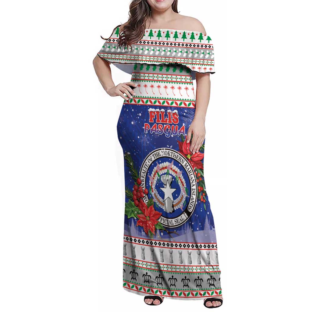 Northern Mariana Islands Christmas Family Matching Off Shoulder Maxi Dress and Hawaiian Shirt Poinsettia Filis Pasgua LT05 Mom's Dress Blue - Polynesian Pride