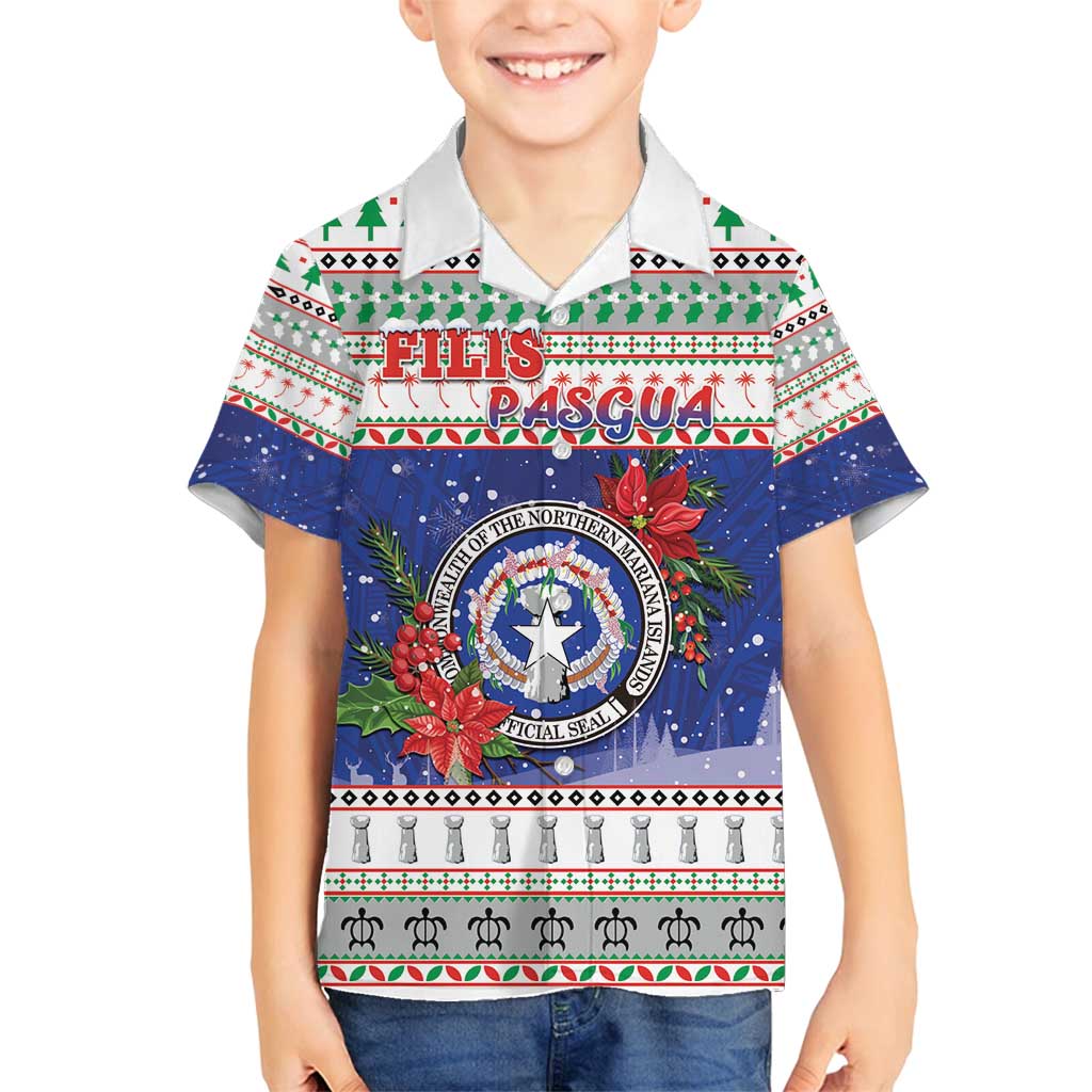 Northern Mariana Islands Christmas Family Matching Off Shoulder Maxi Dress and Hawaiian Shirt Poinsettia Filis Pasgua LT05 Son's Shirt Blue - Polynesian Pride