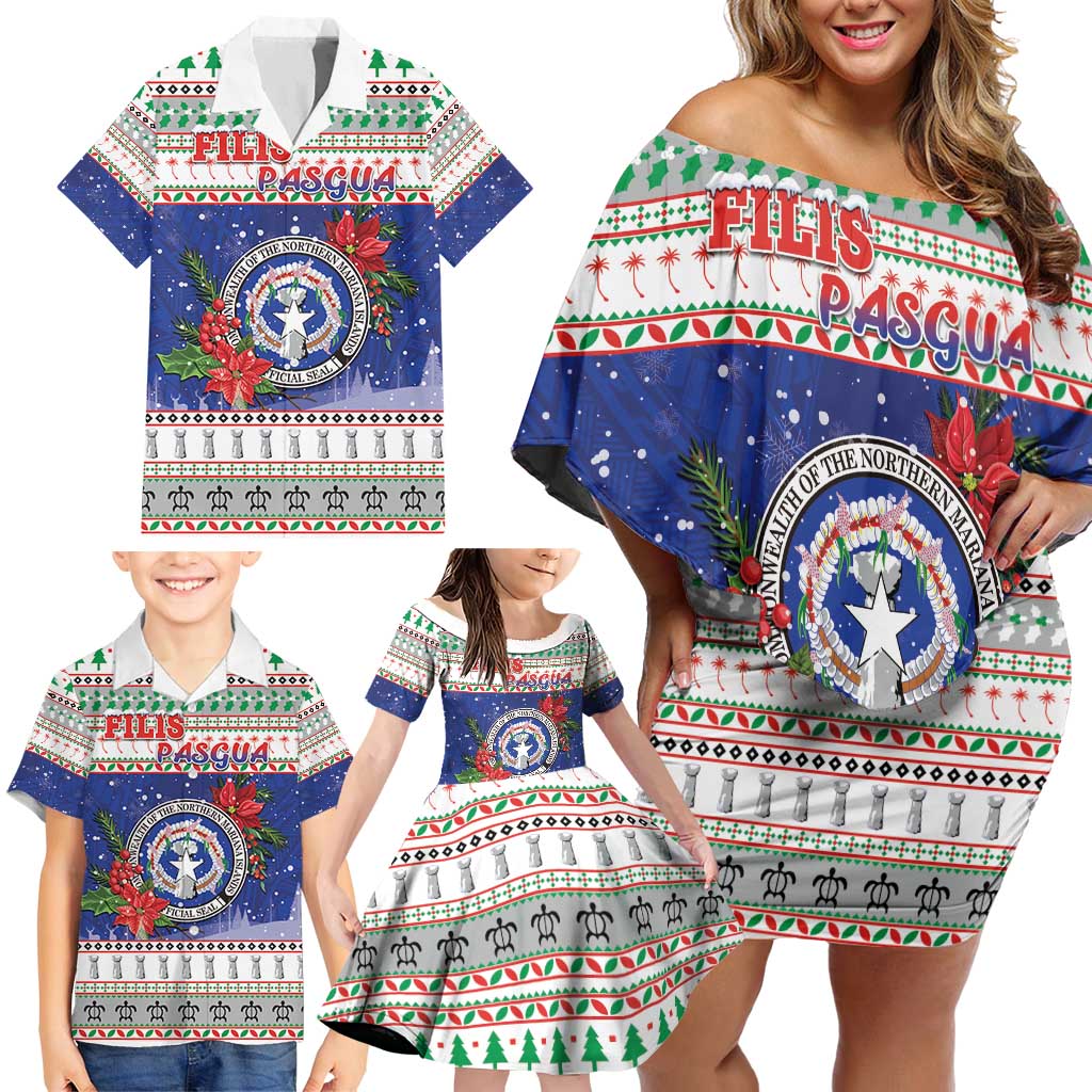 Northern Mariana Islands Christmas Family Matching Off Shoulder Short Dress and Hawaiian Shirt Poinsettia Filis Pasgua LT05 - Polynesian Pride