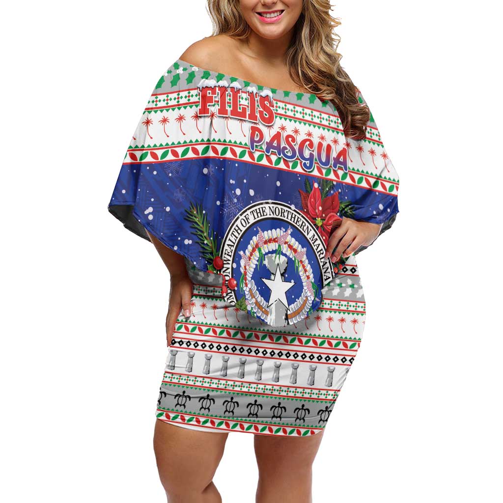 Northern Mariana Islands Christmas Family Matching Off Shoulder Short Dress and Hawaiian Shirt Poinsettia Filis Pasgua LT05 Mom's Dress Blue - Polynesian Pride