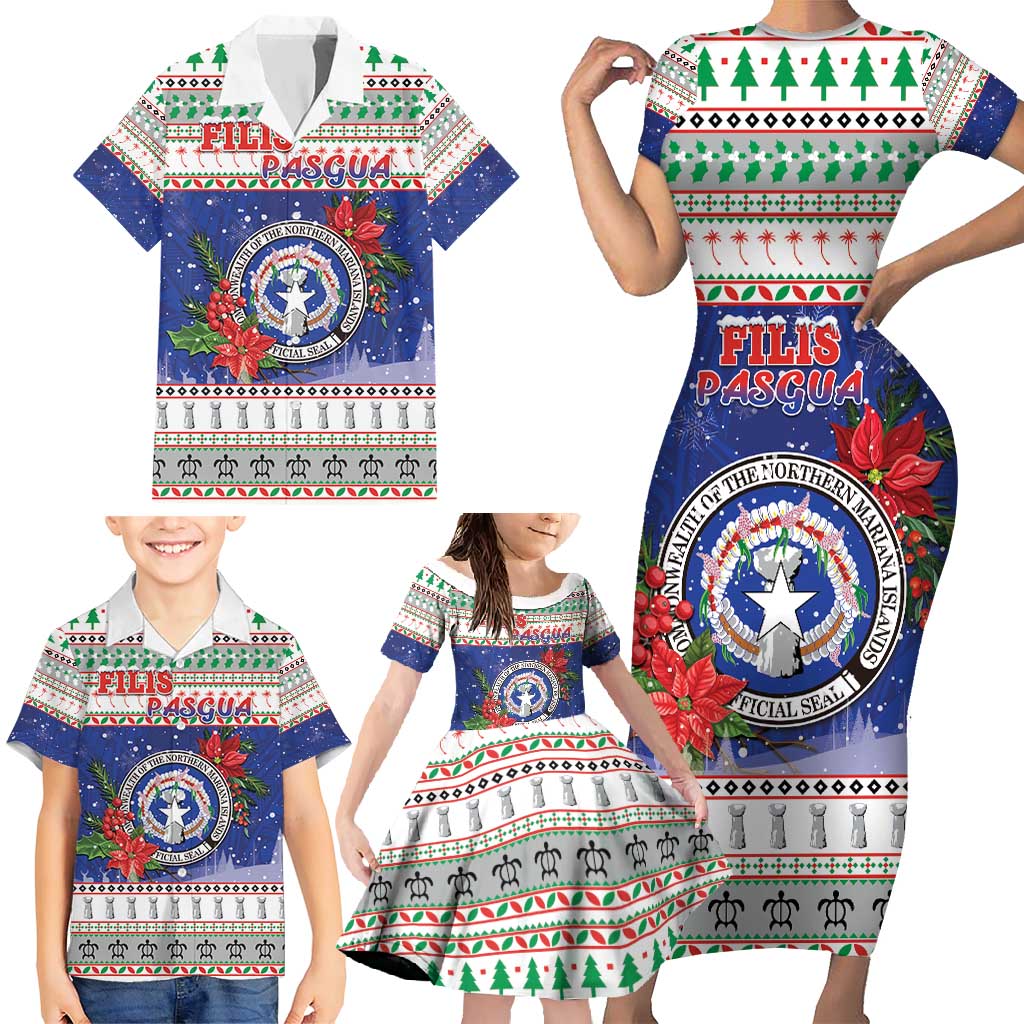 Northern Mariana Islands Christmas Family Matching Short Sleeve Bodycon Dress and Hawaiian Shirt Poinsettia Filis Pasgua LT05 - Polynesian Pride