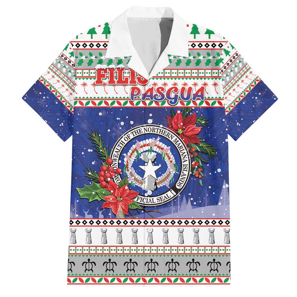 Northern Mariana Islands Christmas Family Matching Summer Maxi Dress and Hawaiian Shirt Poinsettia Filis Pasgua LT05 Dad's Shirt - Short Sleeve Blue - Polynesian Pride