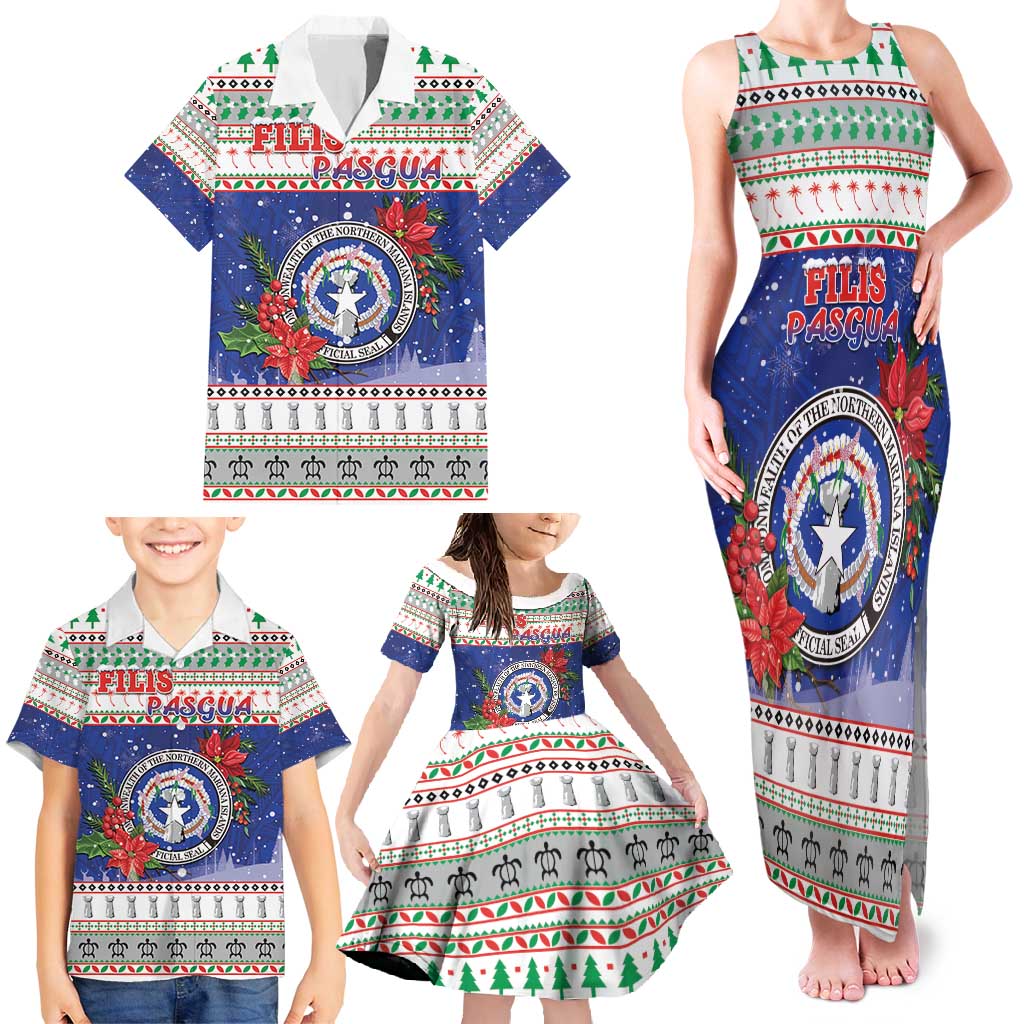 Northern Mariana Islands Christmas Family Matching Tank Maxi Dress and Hawaiian Shirt Poinsettia Filis Pasgua LT05 - Polynesian Pride