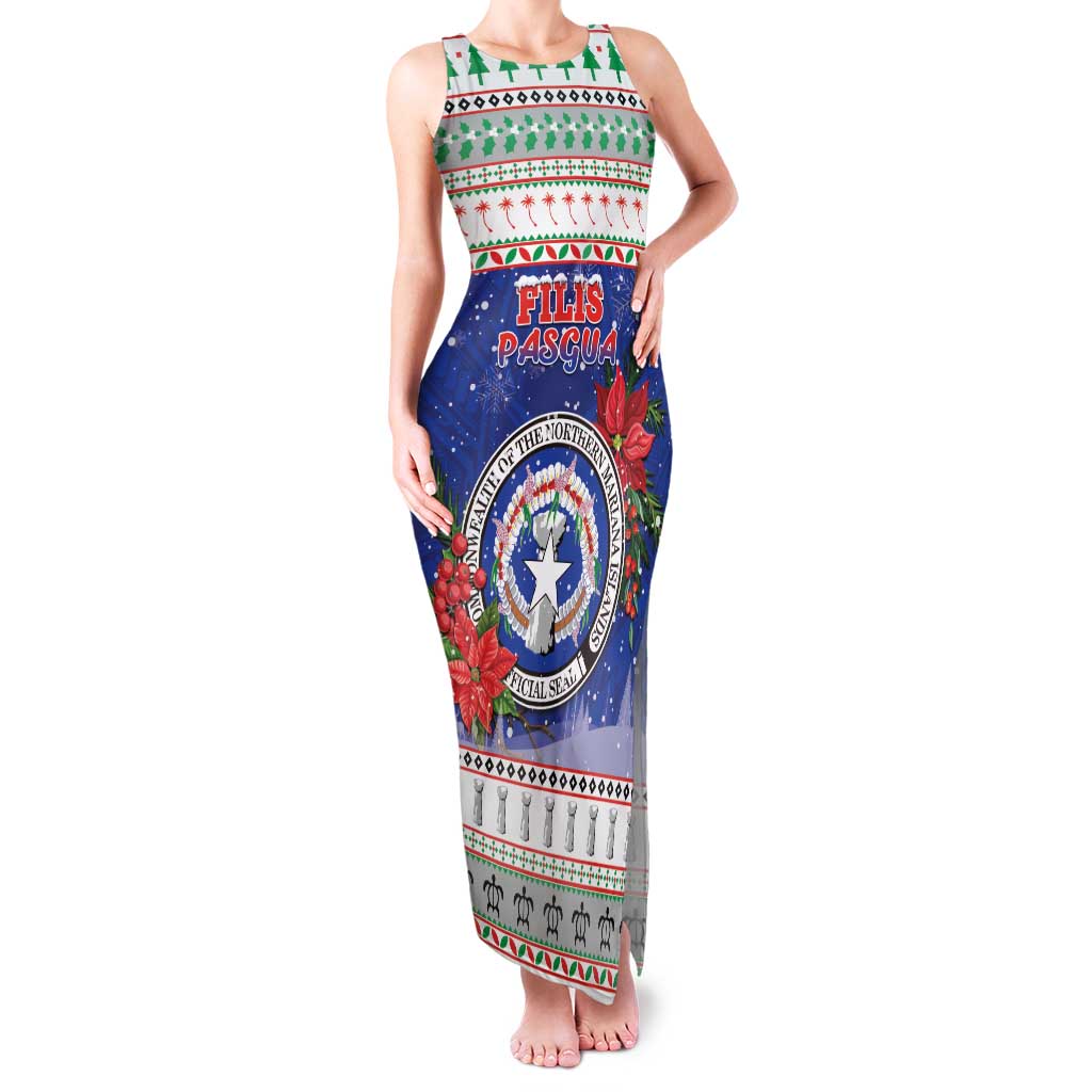Northern Mariana Islands Christmas Family Matching Tank Maxi Dress and Hawaiian Shirt Poinsettia Filis Pasgua LT05 Mom's Dress Blue - Polynesian Pride