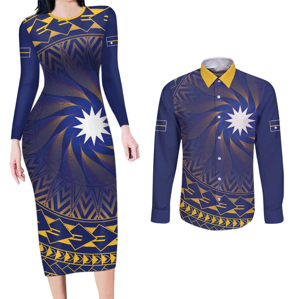 Nauru Angam Day Couples Matching Long Sleeve Bodycon Dress and Long Sleeve Button Shirt Polynesian Tribal Pattern Unique Style LT05 Blue - Polynesian Pride