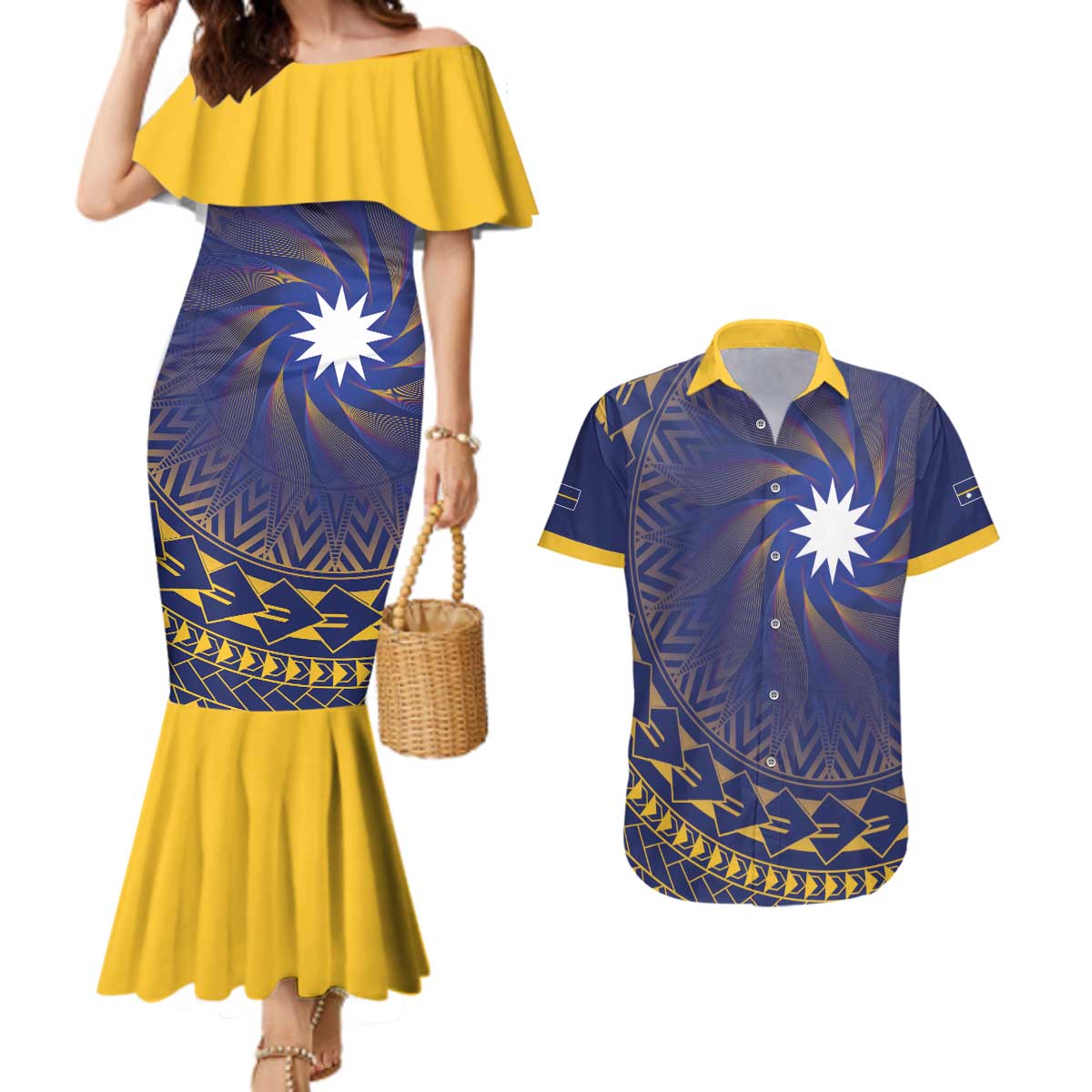 Nauru Angam Day Couples Matching Mermaid Dress and Hawaiian Shirt Polynesian Tribal Pattern Unique Style LT05 Blue - Polynesian Pride