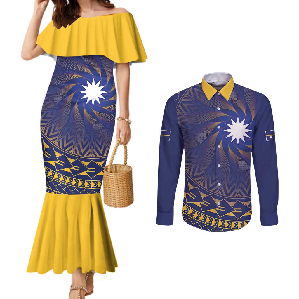 Nauru Angam Day Couples Matching Mermaid Dress and Long Sleeve Button Shirt Polynesian Tribal Pattern Unique Style LT05 Blue - Polynesian Pride