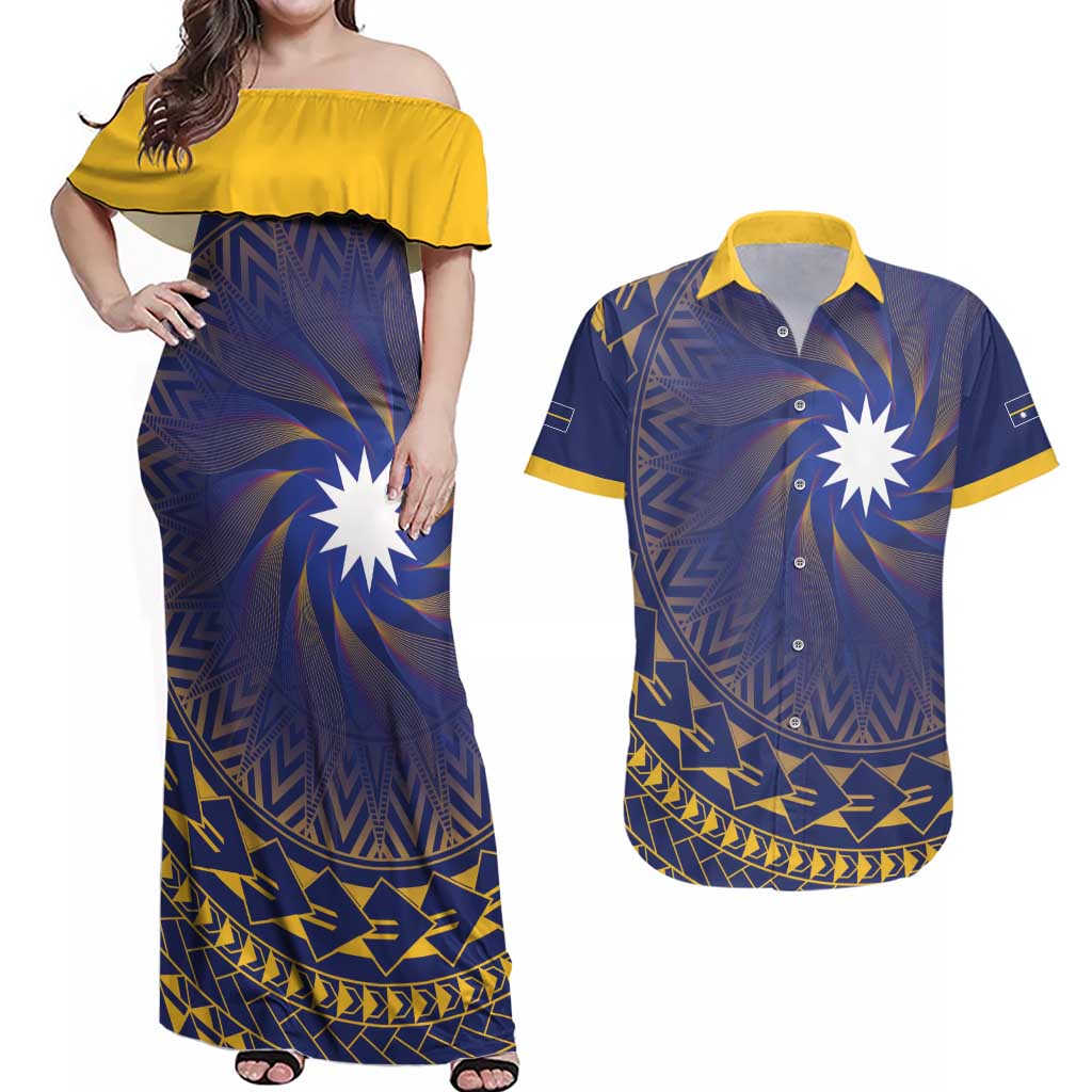Nauru Angam Day Couples Matching Off Shoulder Maxi Dress and Hawaiian Shirt Polynesian Tribal Pattern Unique Style LT05 Blue - Polynesian Pride