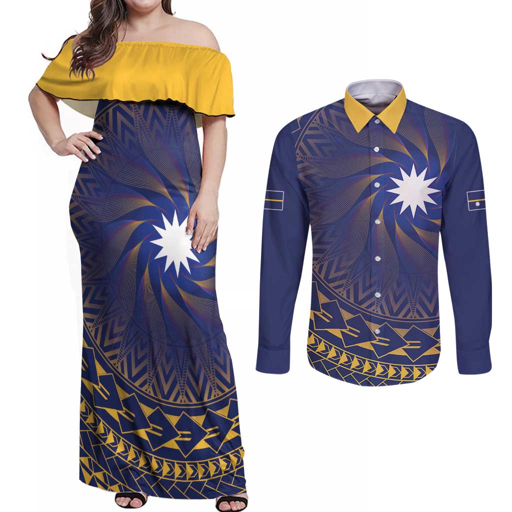Nauru Angam Day Couples Matching Off Shoulder Maxi Dress and Long Sleeve Button Shirt Polynesian Tribal Pattern Unique Style LT05 Blue - Polynesian Pride