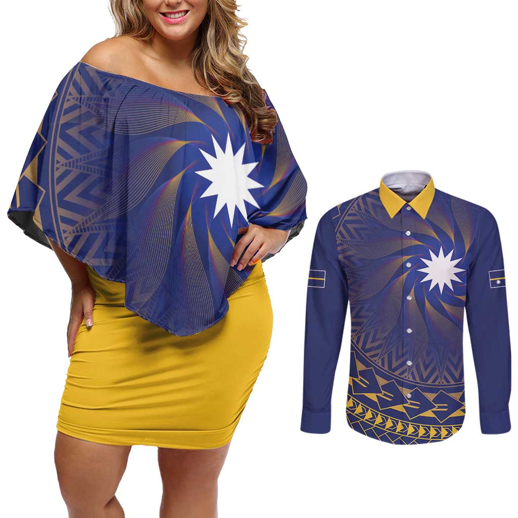 Nauru Angam Day Couples Matching Off Shoulder Short Dress and Long Sleeve Button Shirt Polynesian Tribal Pattern Unique Style LT05 Blue - Polynesian Pride