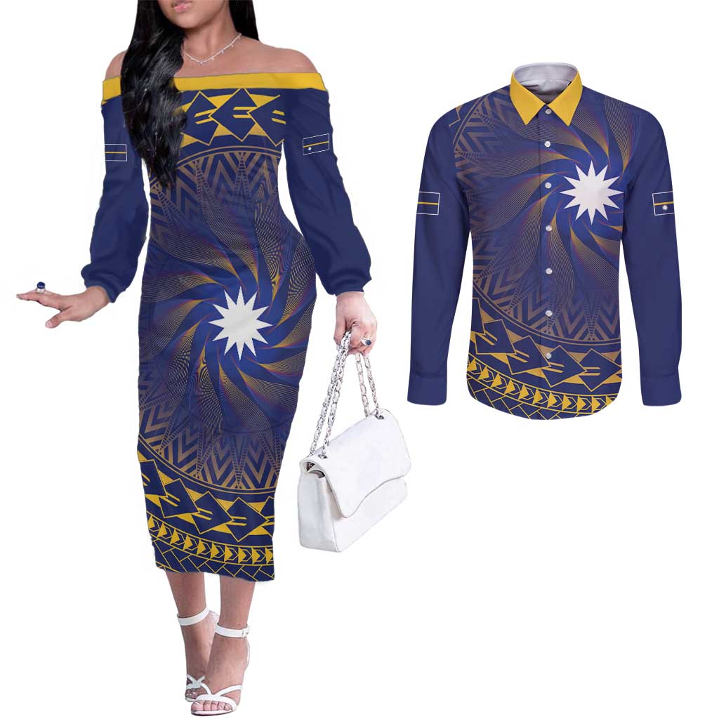 Nauru Angam Day Couples Matching Off The Shoulder Long Sleeve Dress and Long Sleeve Button Shirt Polynesian Tribal Pattern Unique Style LT05 Blue - Polynesian Pride