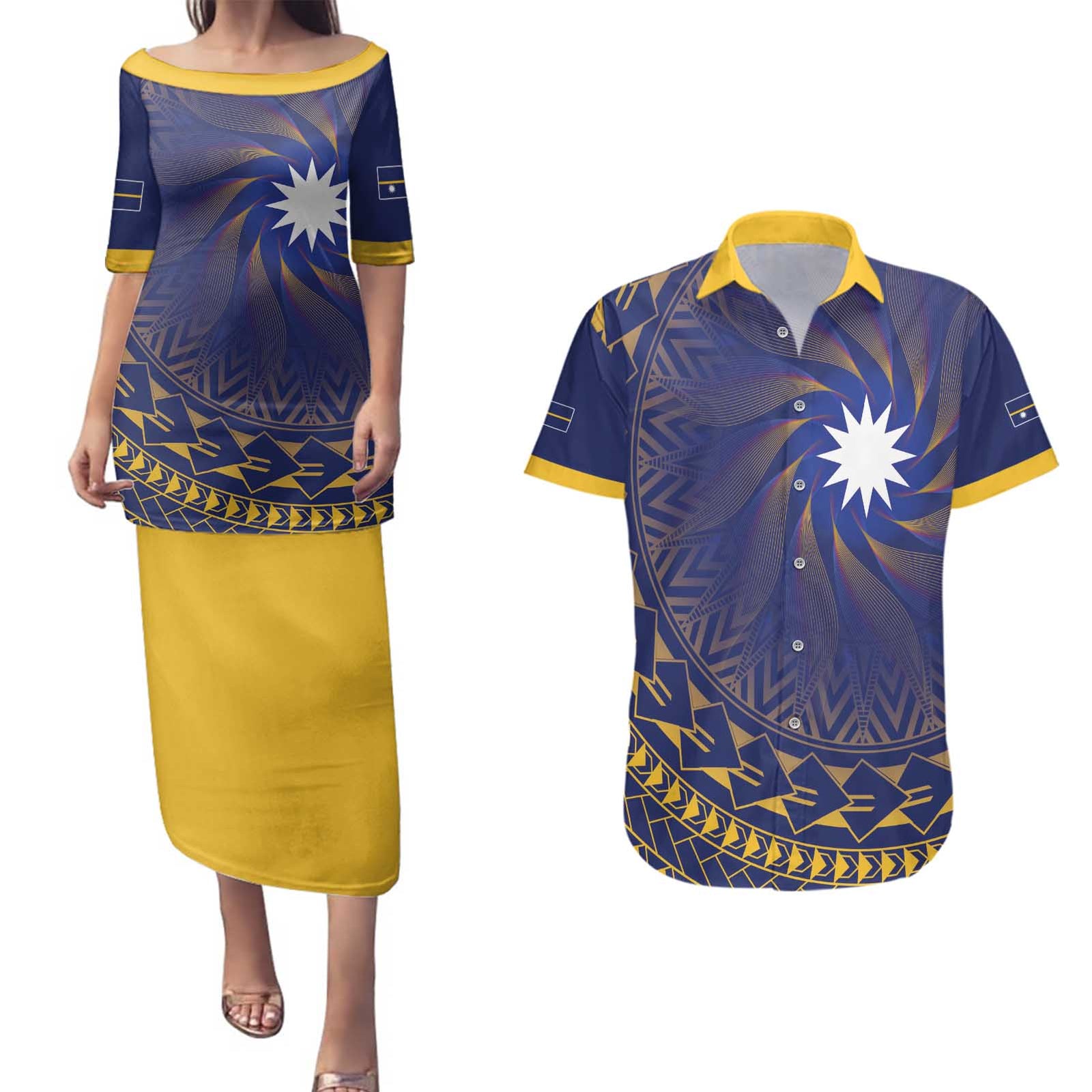 Nauru Angam Day Couples Matching Puletasi and Hawaiian Shirt Polynesian Tribal Pattern Unique Style LT05 Blue - Polynesian Pride