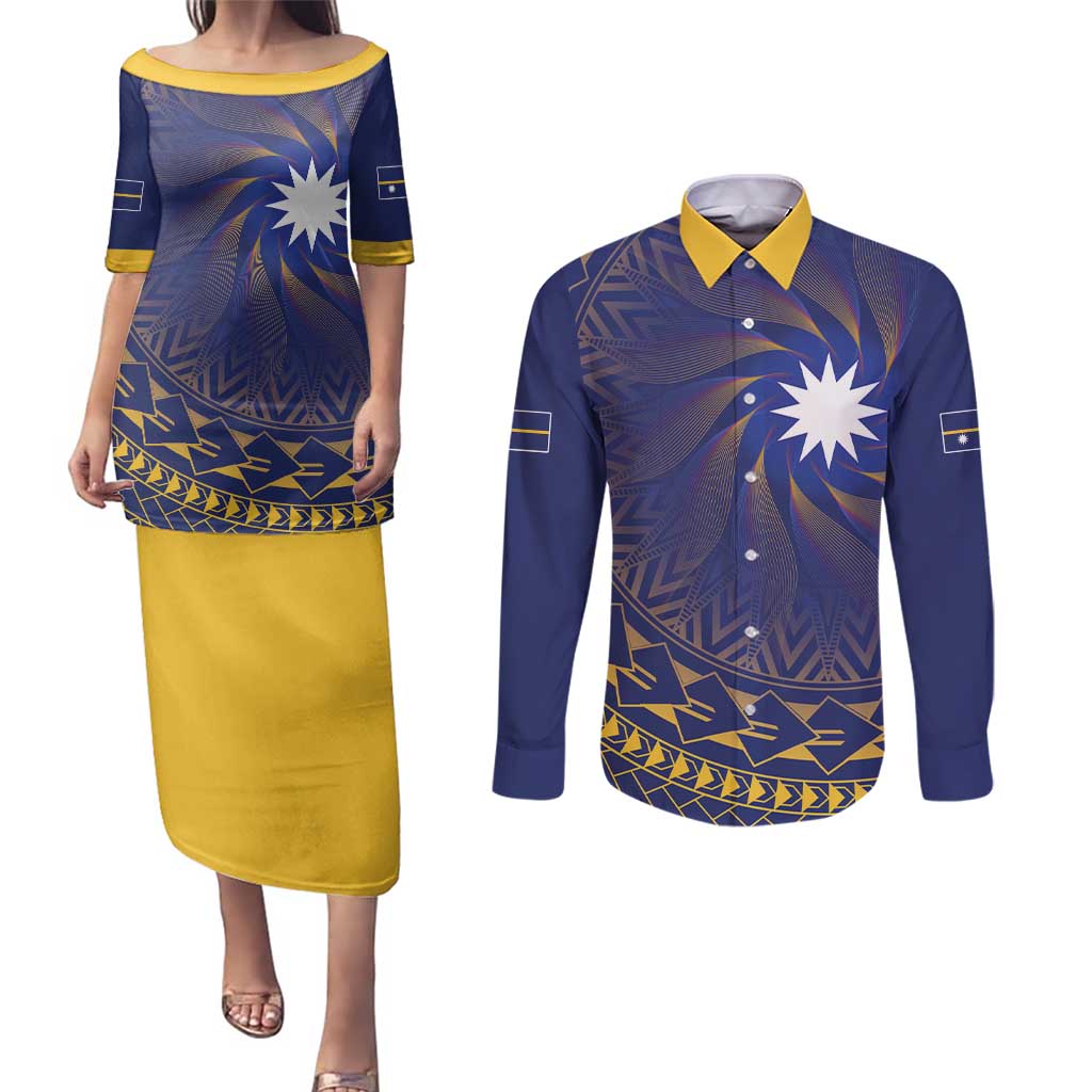 Nauru Angam Day Couples Matching Puletasi and Long Sleeve Button Shirt Polynesian Tribal Pattern Unique Style LT05 Blue - Polynesian Pride