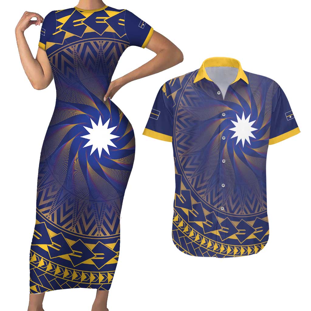 Nauru Angam Day Couples Matching Short Sleeve Bodycon Dress and Hawaiian Shirt Polynesian Tribal Pattern Unique Style LT05 Blue - Polynesian Pride