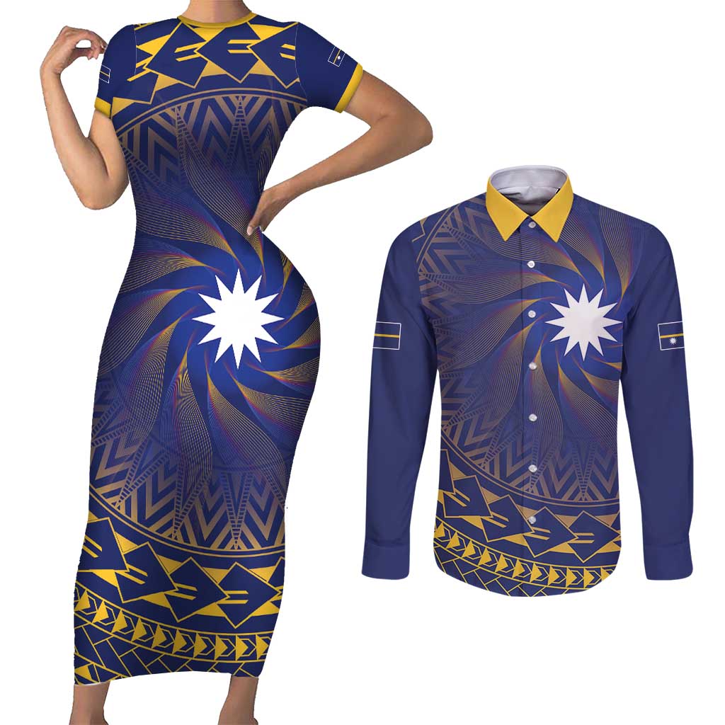 Nauru Angam Day Couples Matching Short Sleeve Bodycon Dress and Long Sleeve Button Shirt Polynesian Tribal Pattern Unique Style LT05 Blue - Polynesian Pride