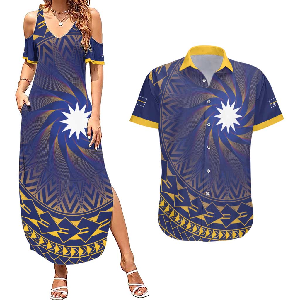 Nauru Angam Day Couples Matching Summer Maxi Dress and Hawaiian Shirt Polynesian Tribal Pattern Unique Style LT05 Blue - Polynesian Pride
