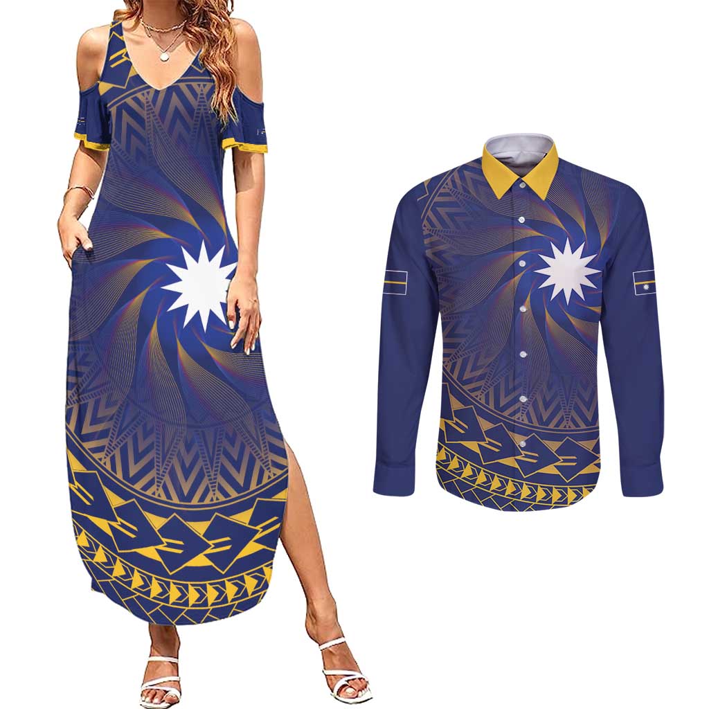 Nauru Angam Day Couples Matching Summer Maxi Dress and Long Sleeve Button Shirt Polynesian Tribal Pattern Unique Style LT05 Blue - Polynesian Pride