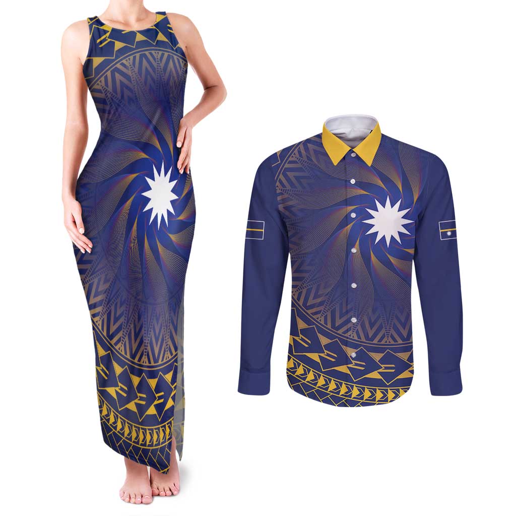 Nauru Angam Day Couples Matching Tank Maxi Dress and Long Sleeve Button Shirt Polynesian Tribal Pattern Unique Style LT05 Blue - Polynesian Pride