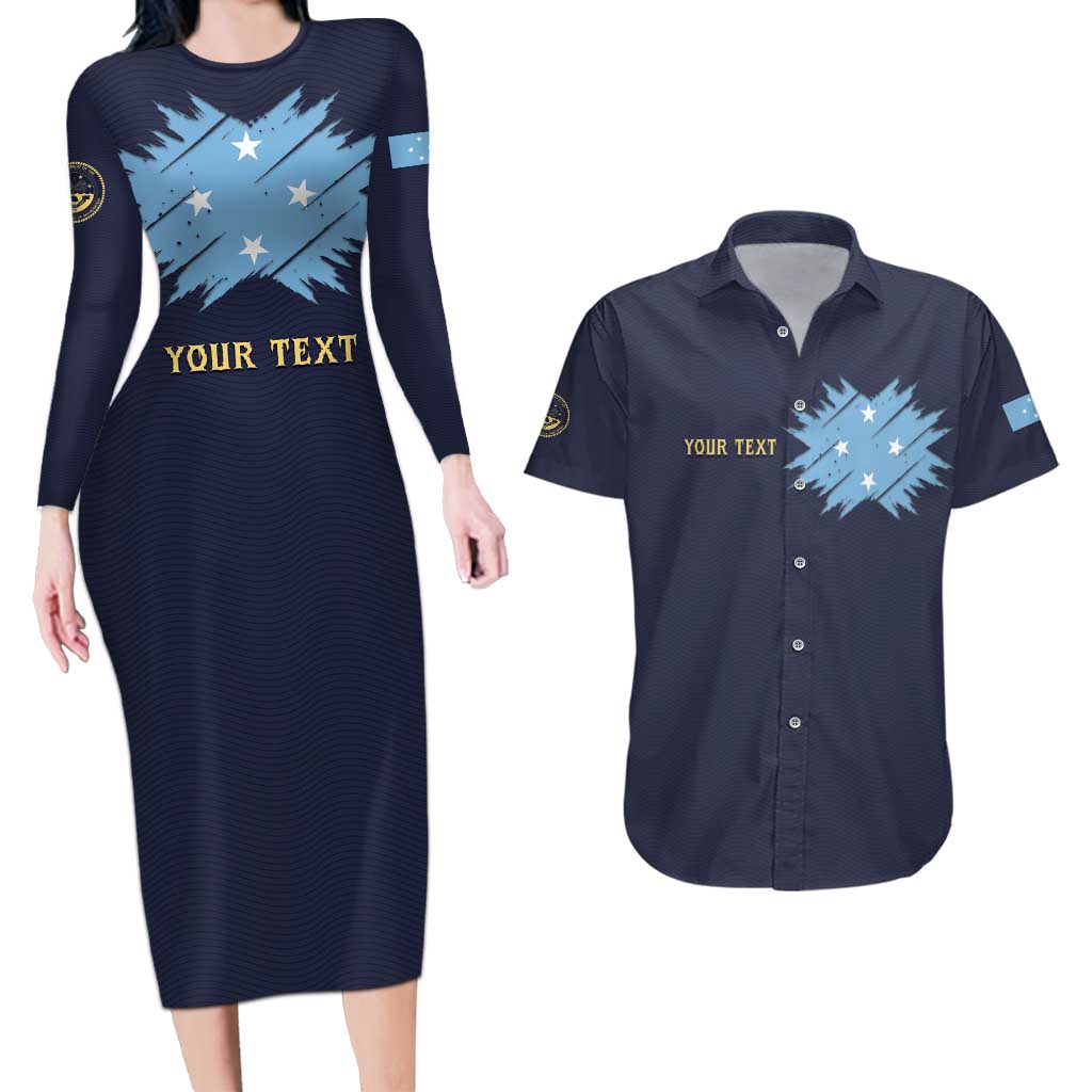 Personalised Federated States Of Micronesia Couples Matching Long Sleeve Bodycon Dress and Hawaiian Shirt FSM Passport LT05 Navy - Polynesian Pride