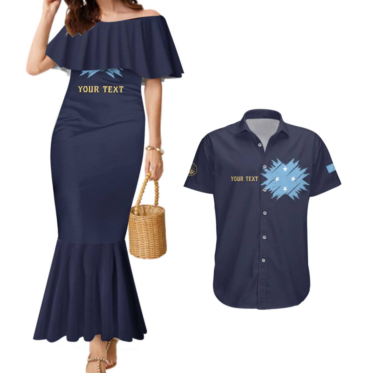 Personalised Federated States Of Micronesia Couples Matching Mermaid Dress and Hawaiian Shirt FSM Passport LT05 Navy - Polynesian Pride