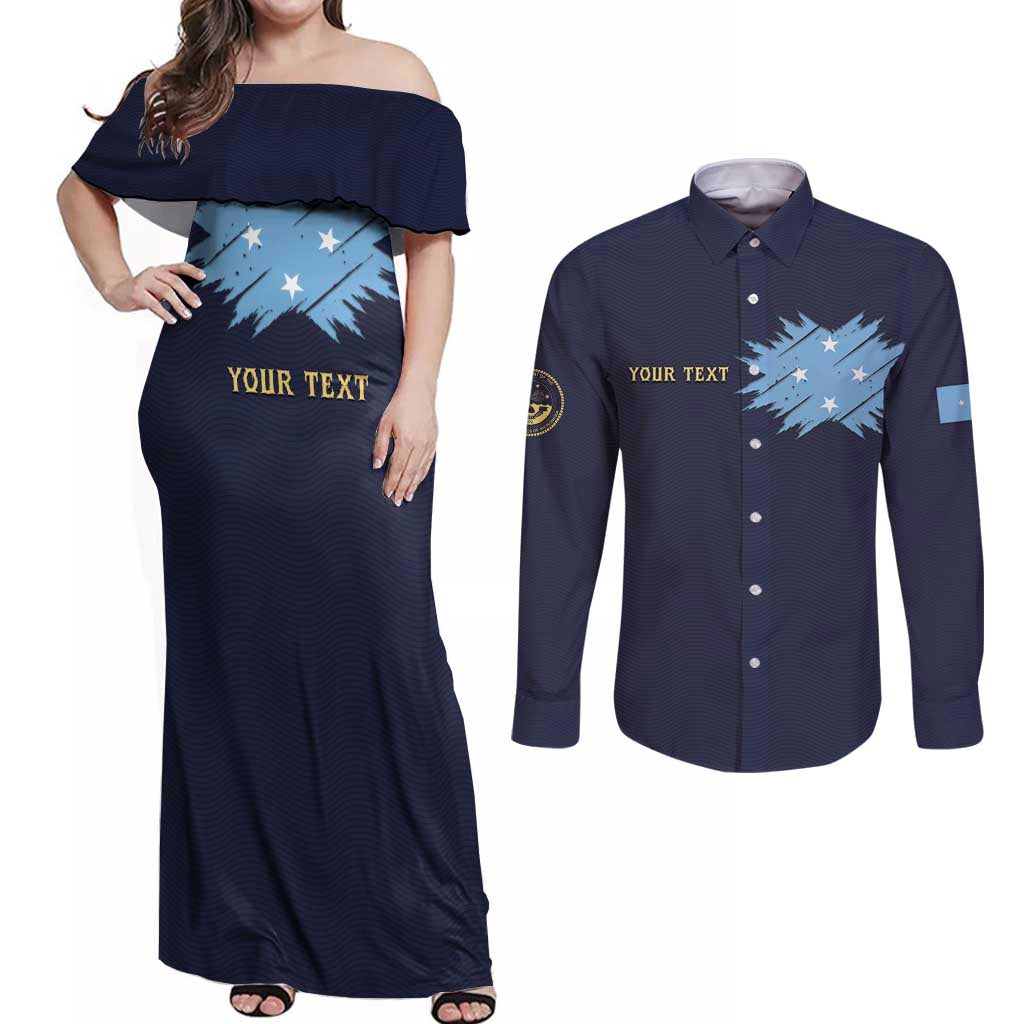 Personalised Federated States Of Micronesia Couples Matching Off Shoulder Maxi Dress and Long Sleeve Button Shirt FSM Passport LT05 Navy - Polynesian Pride