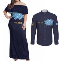 Personalised Federated States Of Micronesia Couples Matching Off Shoulder Maxi Dress and Long Sleeve Button Shirt FSM Passport LT05 Navy - Polynesian Pride