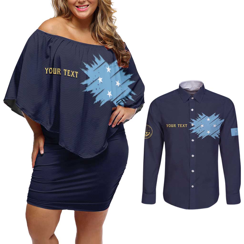 Personalised Federated States Of Micronesia Couples Matching Off Shoulder Short Dress and Long Sleeve Button Shirt FSM Passport LT05 Navy - Polynesian Pride