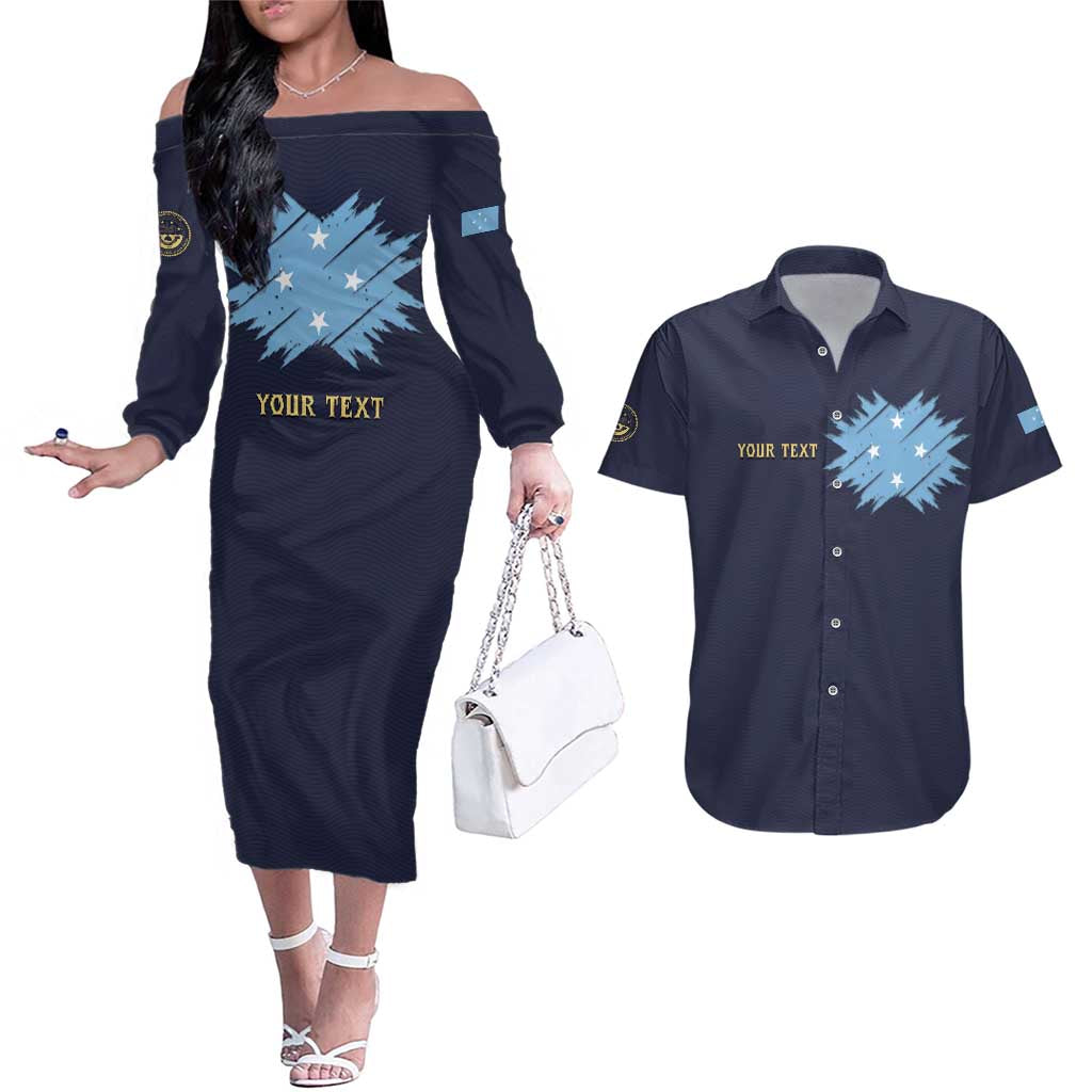 Personalised Federated States Of Micronesia Couples Matching Off The Shoulder Long Sleeve Dress and Hawaiian Shirt FSM Passport LT05 Navy - Polynesian Pride