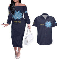 Personalised Federated States Of Micronesia Couples Matching Off The Shoulder Long Sleeve Dress and Hawaiian Shirt FSM Passport LT05 Navy - Polynesian Pride