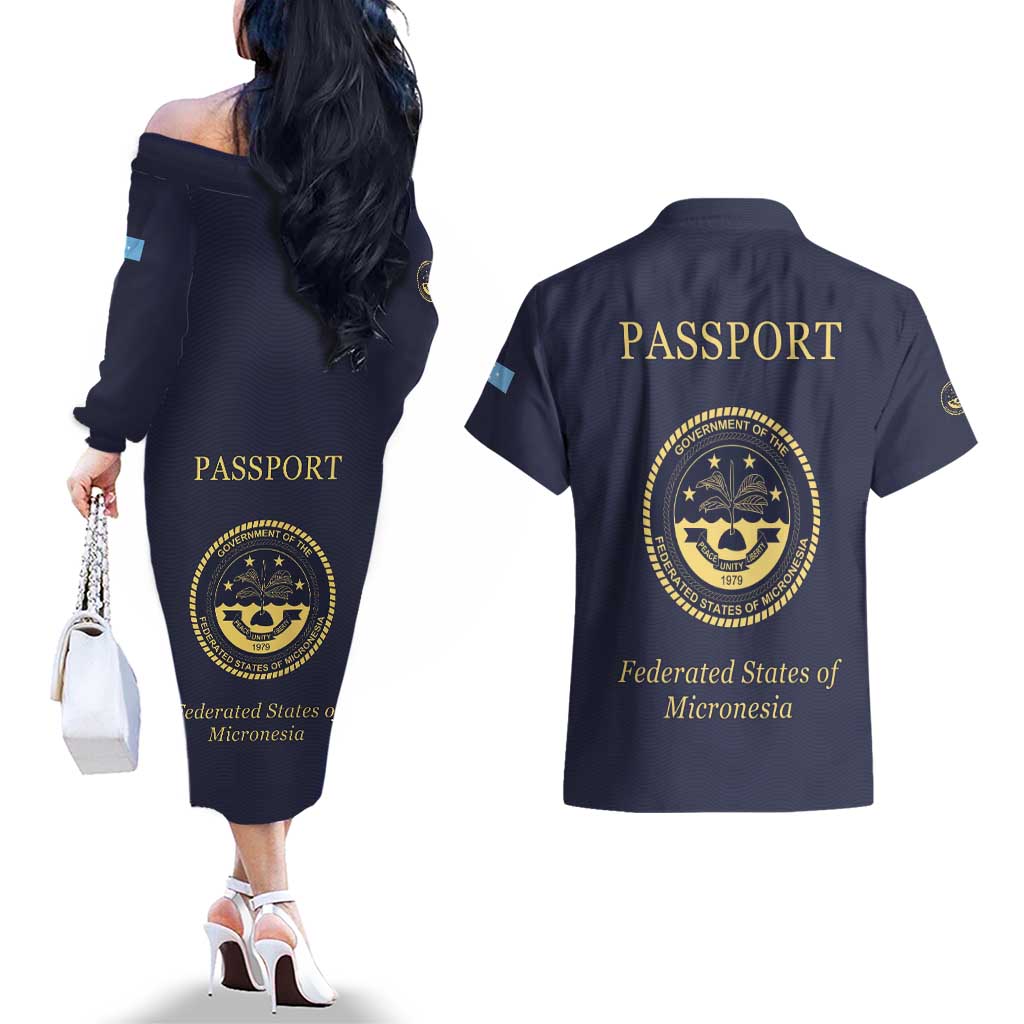 Personalised Federated States Of Micronesia Couples Matching Off The Shoulder Long Sleeve Dress and Hawaiian Shirt FSM Passport LT05 - Polynesian Pride