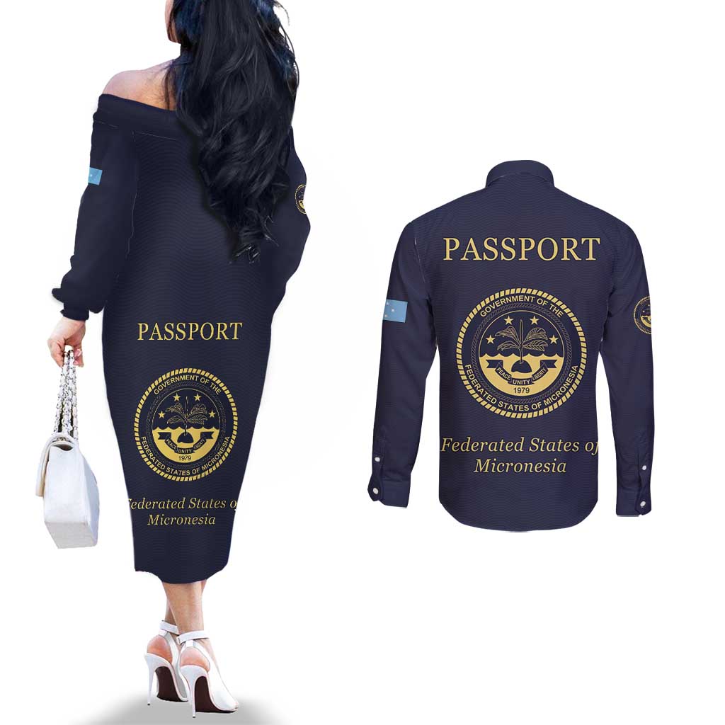 Personalised Federated States Of Micronesia Couples Matching Off The Shoulder Long Sleeve Dress and Long Sleeve Button Shirt FSM Passport LT05 - Polynesian Pride