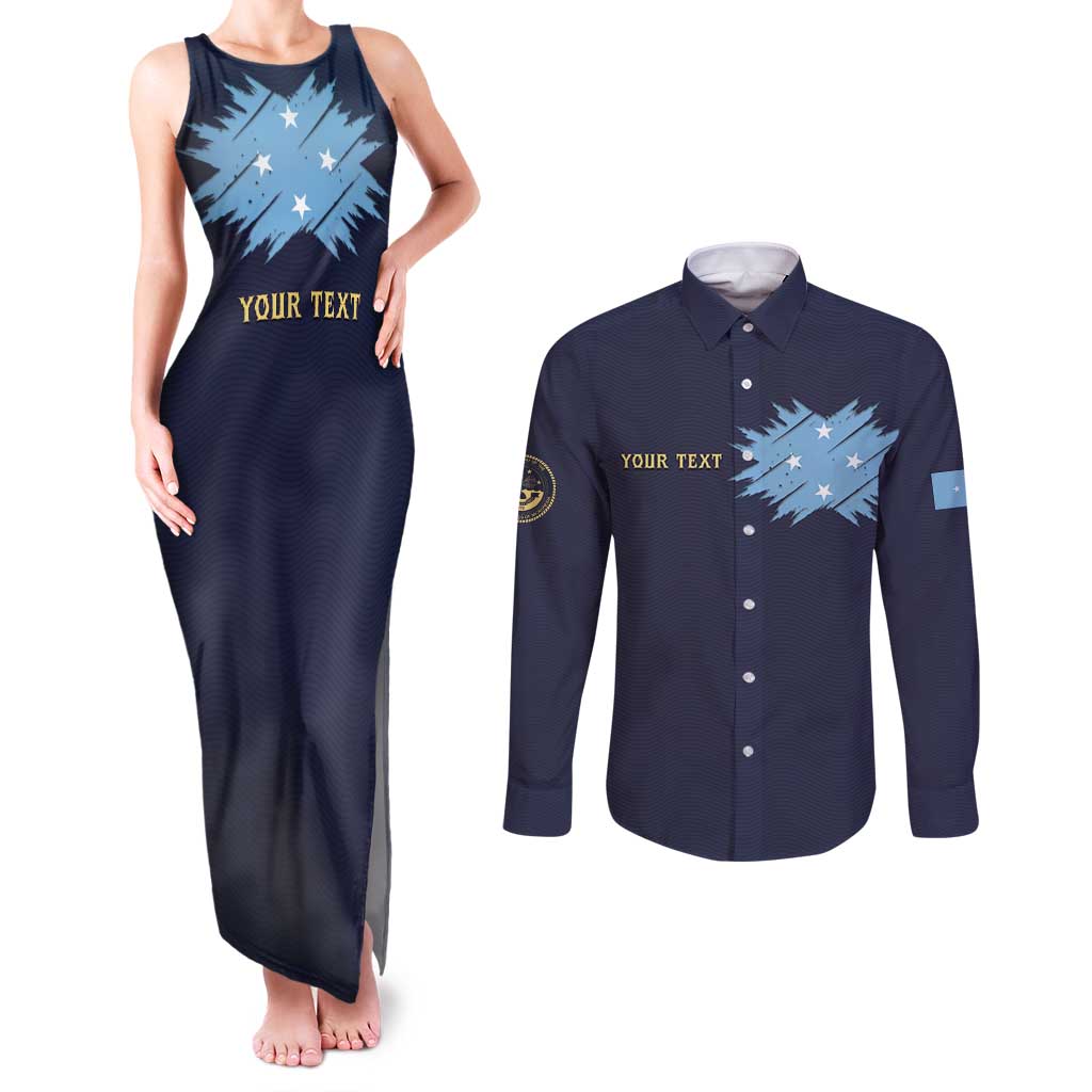 Personalised Federated States Of Micronesia Couples Matching Tank Maxi Dress and Long Sleeve Button Shirt FSM Passport LT05 Navy - Polynesian Pride