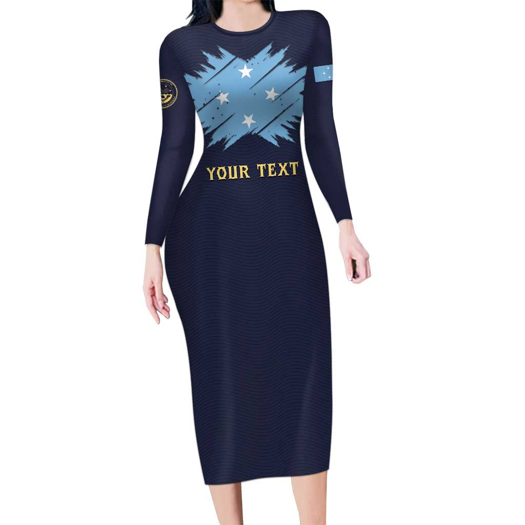 Personalised Federated States Of Micronesia Family Matching Long Sleeve Bodycon Dress and Hawaiian Shirt FSM Passport LT05 Mom's Dress Navy - Polynesian Pride