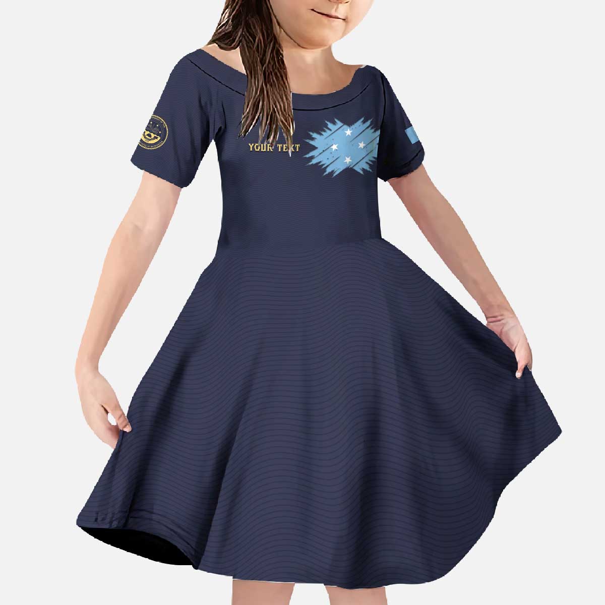 Personalised Federated States Of Micronesia Family Matching Off The Shoulder Long Sleeve Dress and Hawaiian Shirt FSM Passport LT05 Daughter's Dress Navy - Polynesian Pride