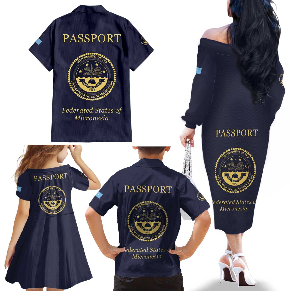 Personalised Federated States Of Micronesia Family Matching Off The Shoulder Long Sleeve Dress and Hawaiian Shirt FSM Passport LT05 - Polynesian Pride