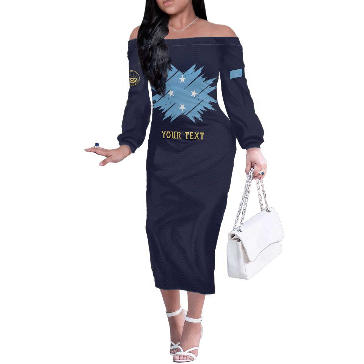 Personalised Federated States Of Micronesia Family Matching Off The Shoulder Long Sleeve Dress and Hawaiian Shirt FSM Passport LT05 Mom's Dress Navy - Polynesian Pride