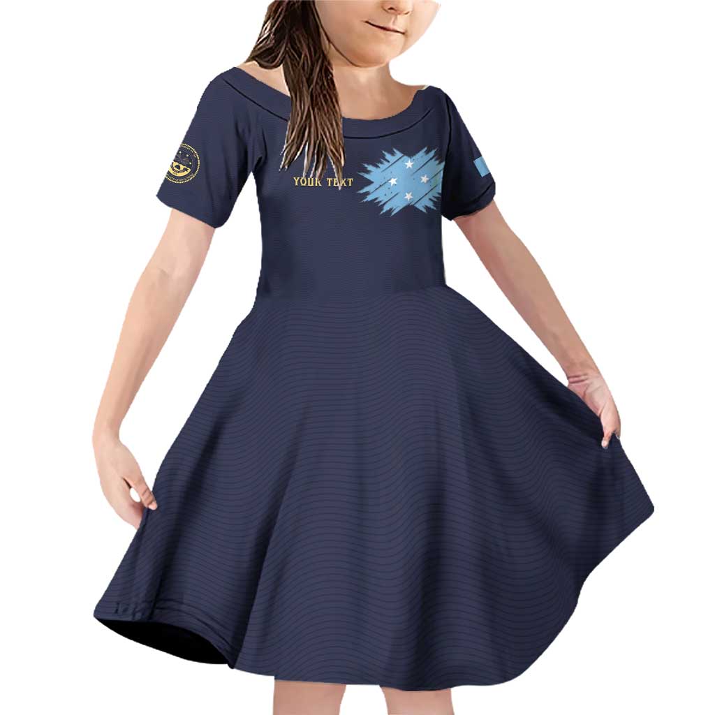 Personalised Federated States Of Micronesia Family Matching Off Shoulder Short Dress and Hawaiian Shirt FSM Passport LT05 Daughter's Dress Navy - Polynesian Pride