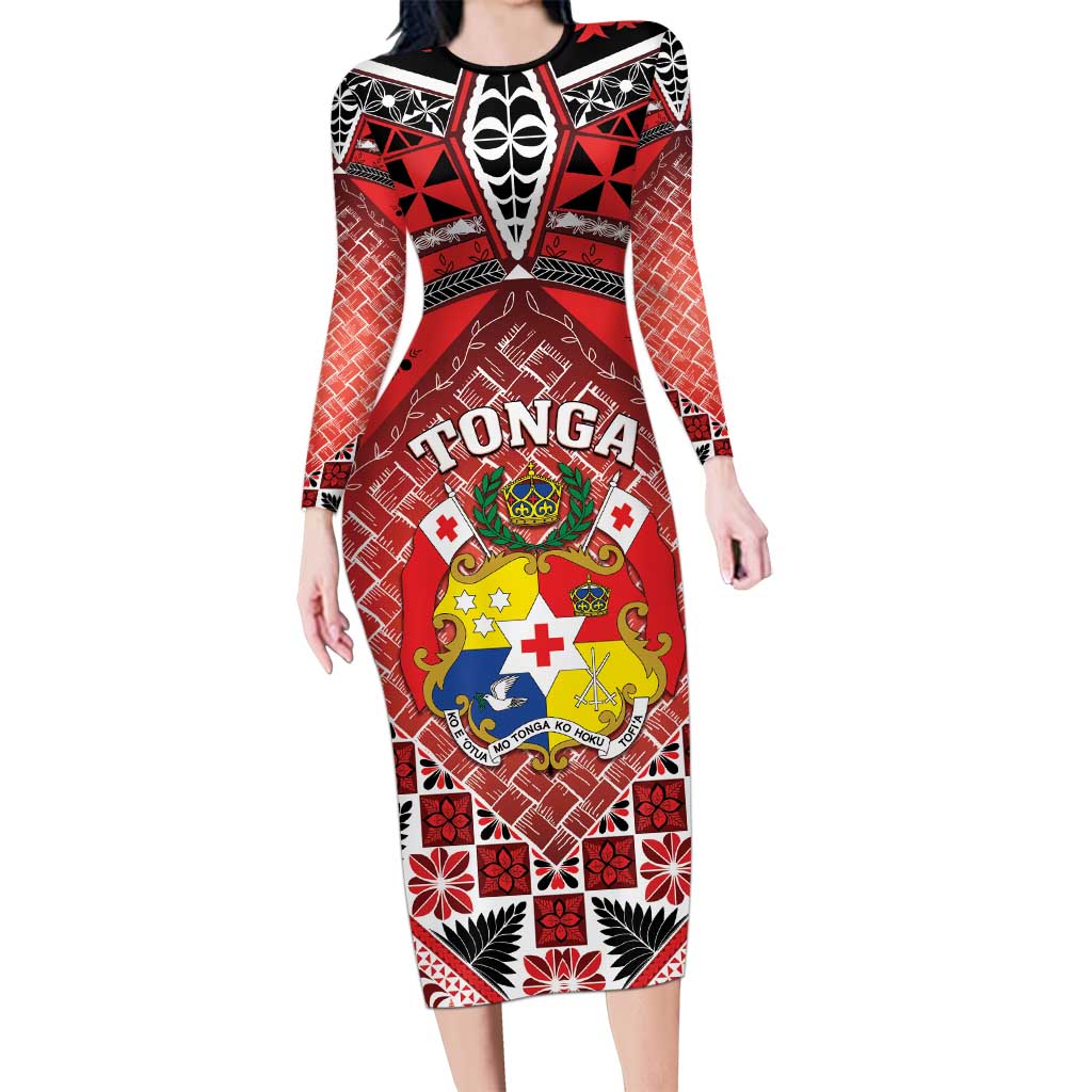 Personalised Tonga Constitution Day Family Matching Long Sleeve Bodycon Dress and Hawaiian Shirt 150 Years Jubilee LT05 Mom's Dress Red - Polynesian Pride