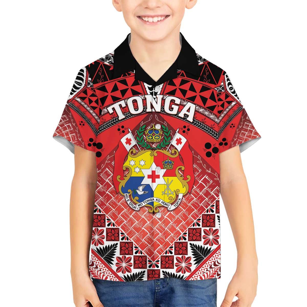 Personalised Tonga Constitution Day Family Matching Off The Shoulder Long Sleeve Dress and Hawaiian Shirt 150 Years Jubilee LT05 Son's Shirt Red - Polynesian Pride