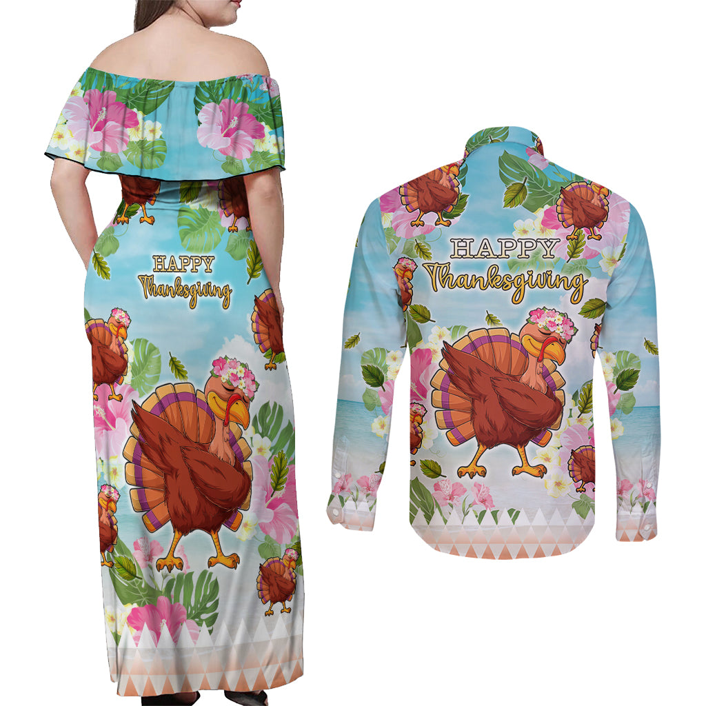 Hawaii Thanksgiving Couples Matching Off Shoulder Maxi Dress and Long Sleeve Button Shirt Funny Turkey Dabbing Dance LT05 - Polynesian Pride
