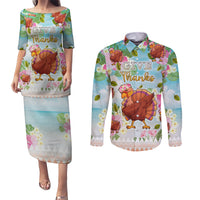 Hawaii Thanksgiving Couples Matching Puletasi Dress and Long Sleeve Button Shirt Funny Turkey Dabbing Dance LT05 Blue - Polynesian Pride