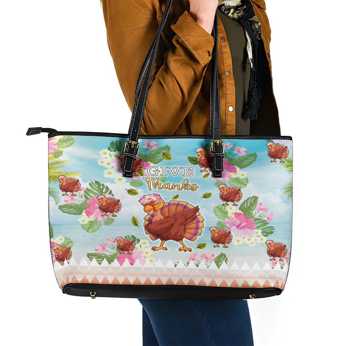Hawaii Thanksgiving Leather Tote Bag Funny Turkey Dabbing Dance LT05 - Polynesian Pride