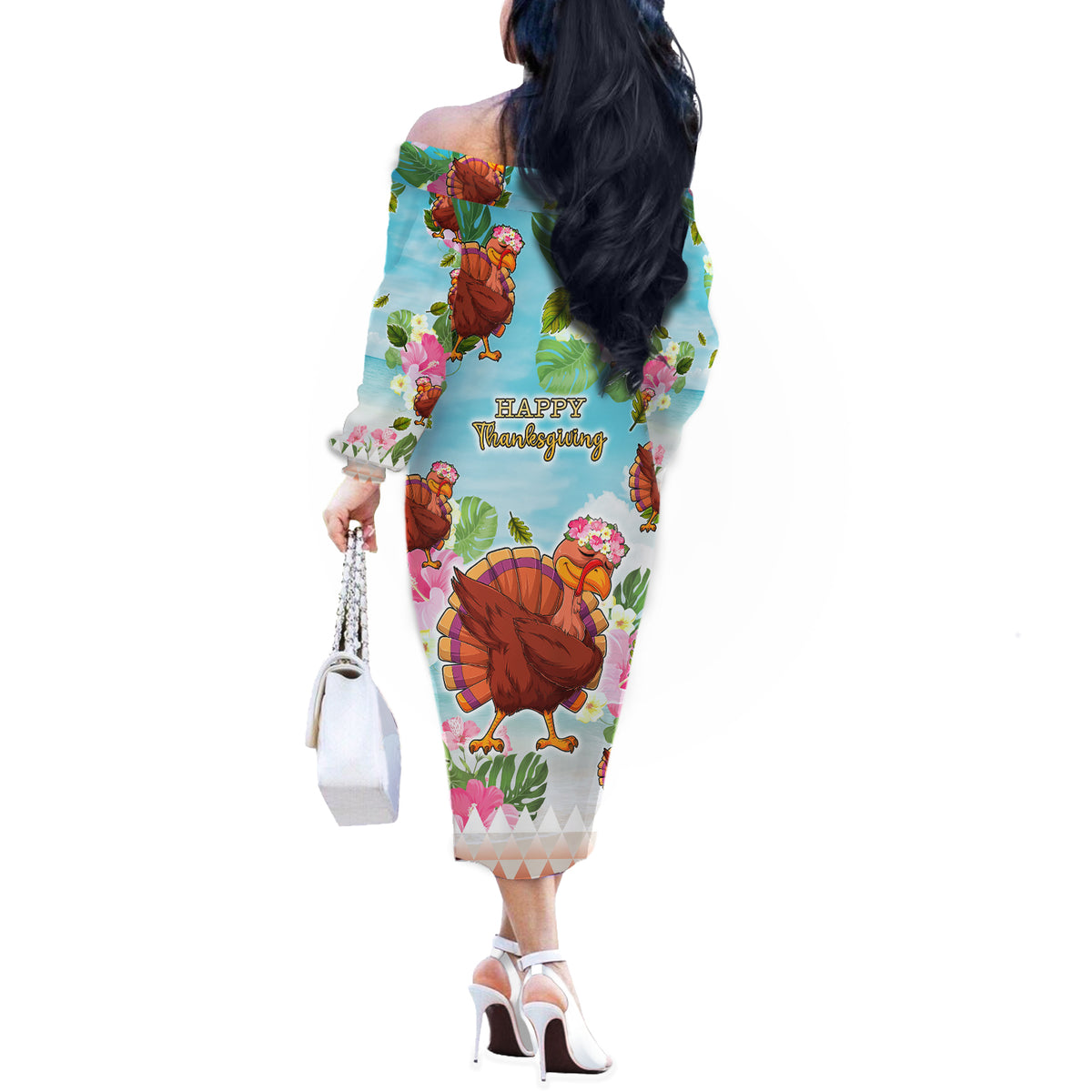 Hawaii Thanksgiving Off The Shoulder Long Sleeve Dress Funny Turkey Dabbing Dance LT05 - Polynesian Pride