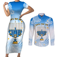 Polynesia Hanukkah Festival Couples Matching Short Sleeve Bodycon Dress and Long Sleeve Button Shirt With Menorah Polynesian Style LT05 Blue - Polynesian Pride