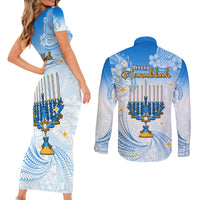 Polynesia Hanukkah Festival Couples Matching Short Sleeve Bodycon Dress and Long Sleeve Button Shirt With Menorah Polynesian Style LT05 - Polynesian Pride